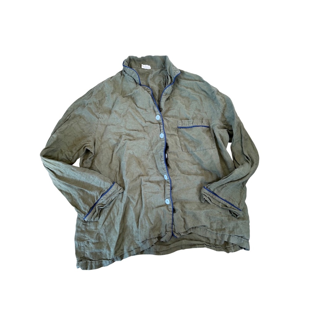 Piglet in bed green button down linen pajama lounge top‎